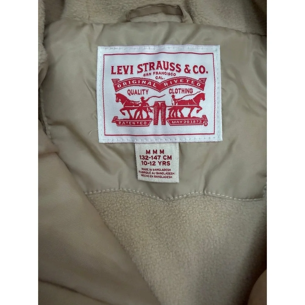 Levi's Kids Puffer Jacket 10-12 Beige Hooded Winter Coat‎ Youth